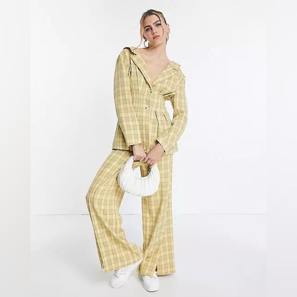Topshop Yellow Plaid Print Blazer Trouser Suit Set